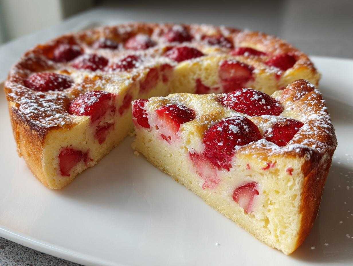 Kawałek pysznego Clafoutis z truskawkami posypany cukrem pudrem na białym talerzu.
