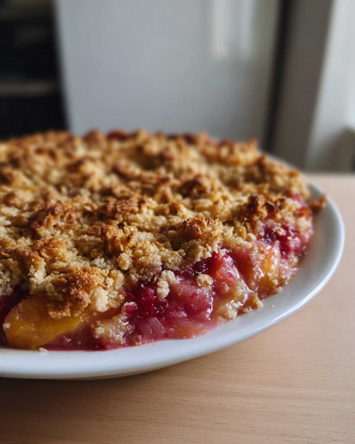 Zbliżenie na świeżo upieczony crumble z rabarbarem i jabłkami na białym talerzu.