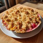 Złocisty, chrupiący crumble z rabarbarem i jabłkami w białej kokilce.