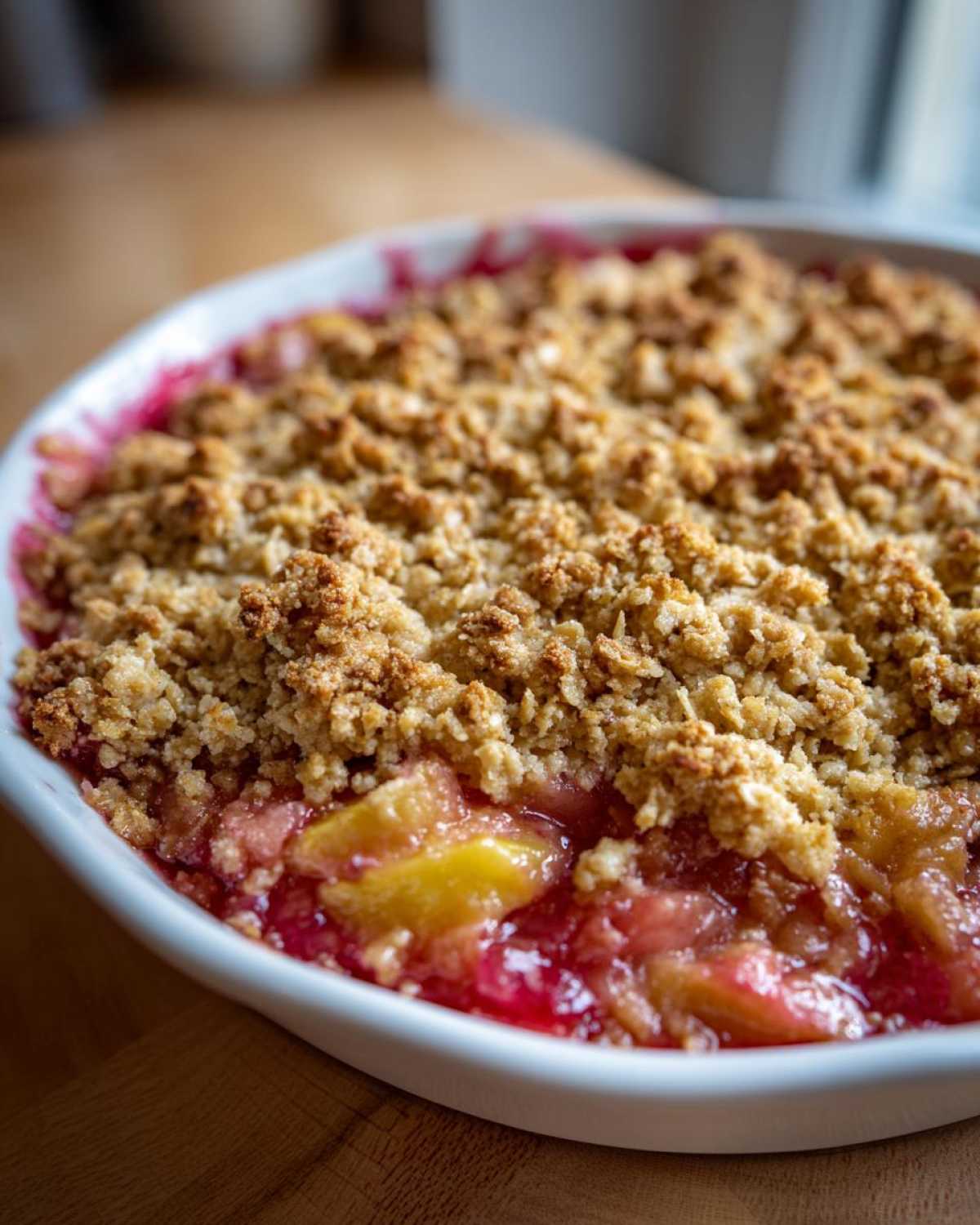 Zbliżenie na świeżo upieczony crumble z rabarbarem i jabłkami w białym naczyniu.