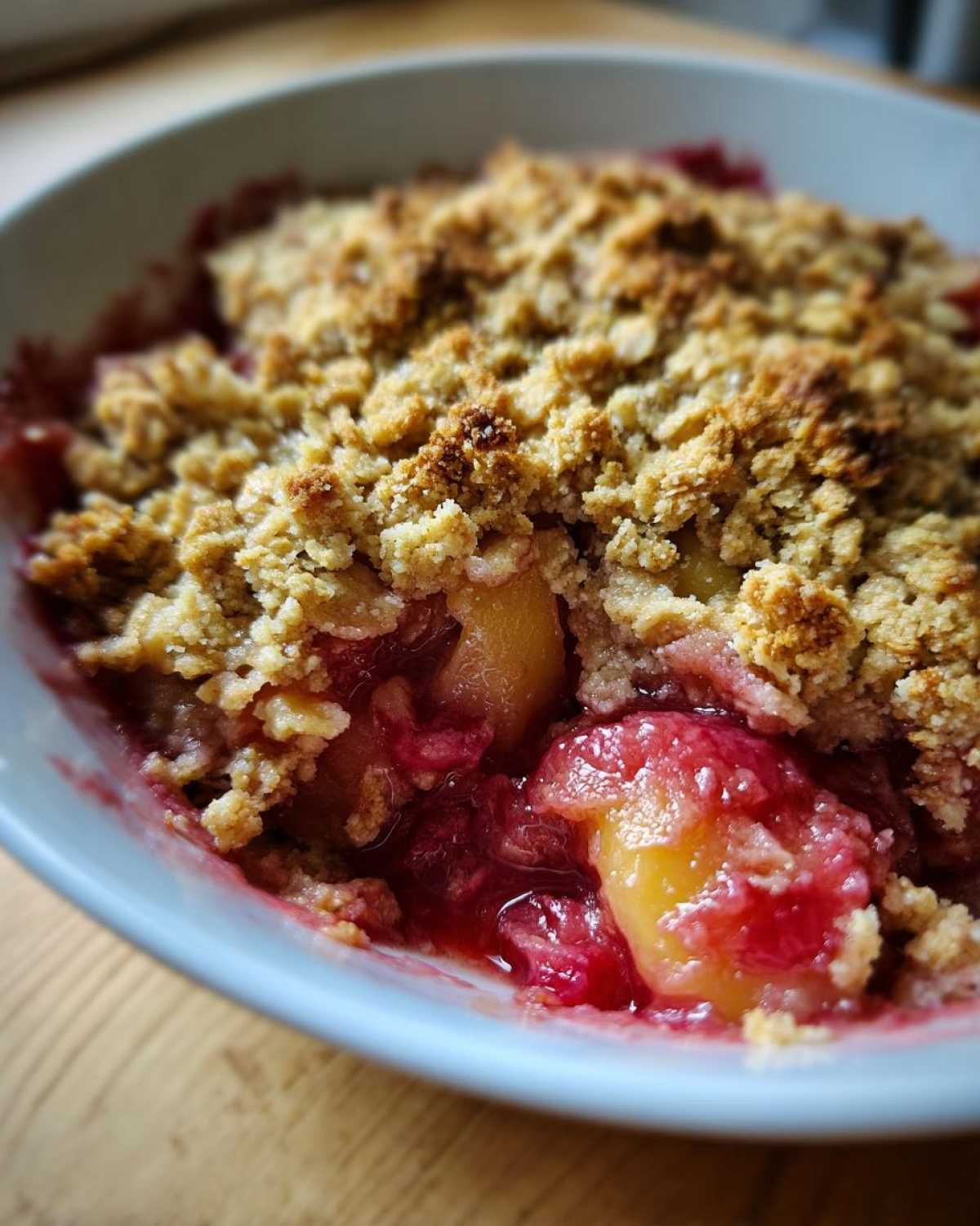 Zbliżenie na porcję crumble z rabarbarem i jabłkami z chrupiącą kruszonką i soczystym owocowym nadzieniem.