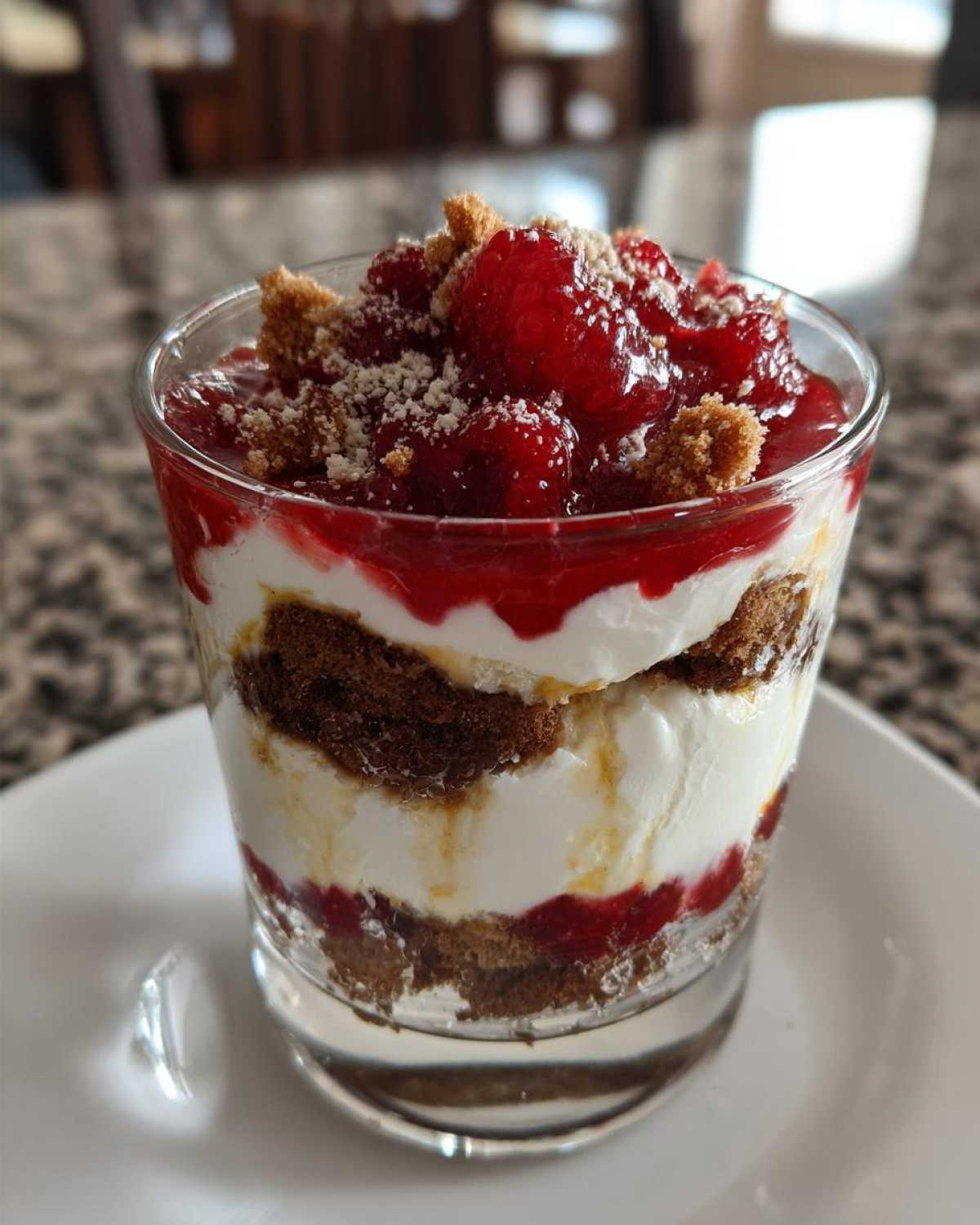 Warstwowy deser w pucharku z kremem mascarpone, ciemnym ciastem i malinami. Idealny deser w pucharkach z kremem mascarpone.