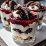 Zbliżenie na warstwowy deser w pucharku z kremem mascarpone, wiśniami i ciastkami Oreo.