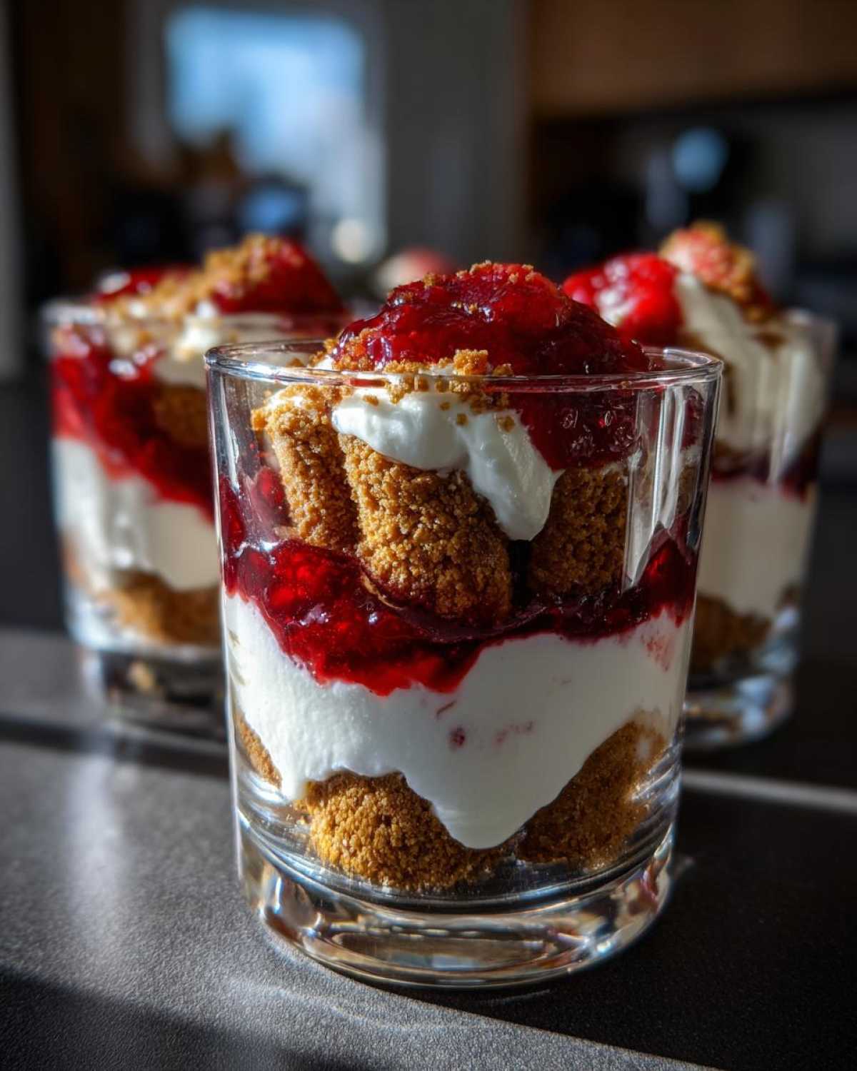 Zbliżenie na warstwowy deser w pucharku z kremem mascarpone, herbatnikami i musem truskawkowym.
