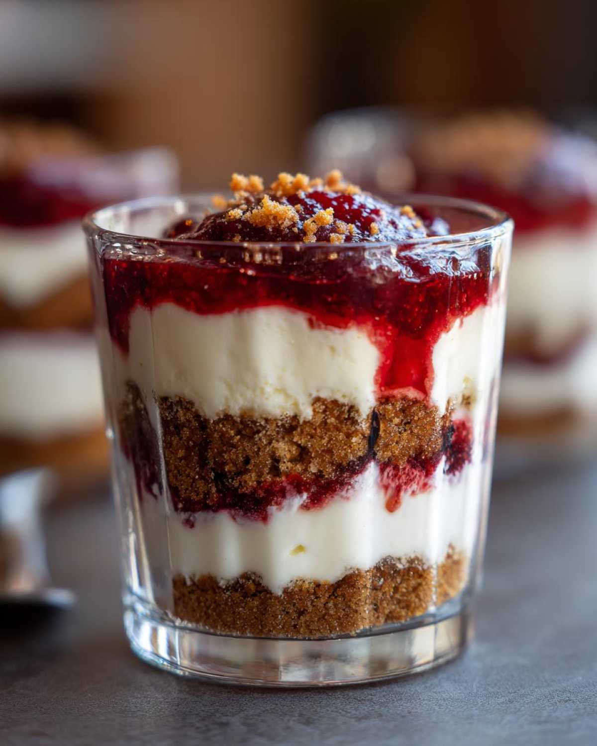 Zbliżenie na deser w pucharku z warstwami kremu mascarpone, owoców i kruszonki. Idealny deser w pucharkach z kremem mascarpone.