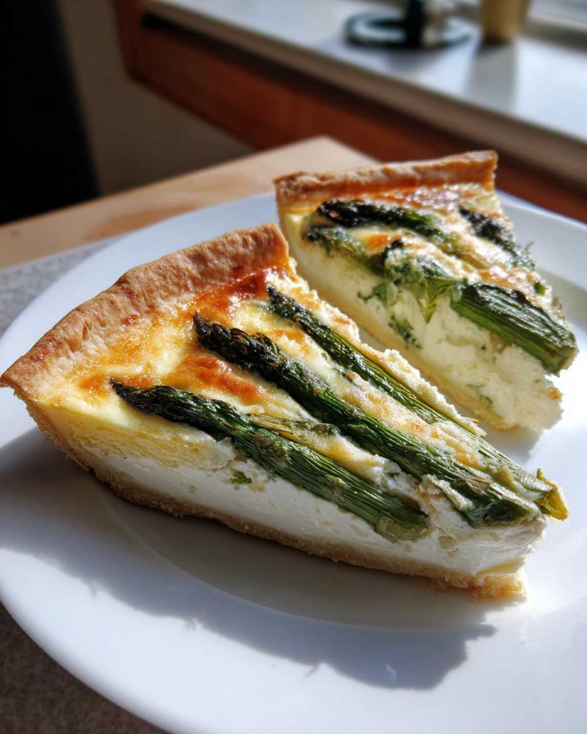 Dwa kawałki pysznej Tarta ze szparagami i ricottą na białym talerzu, z widocznymi szparagami i serem ricotta.