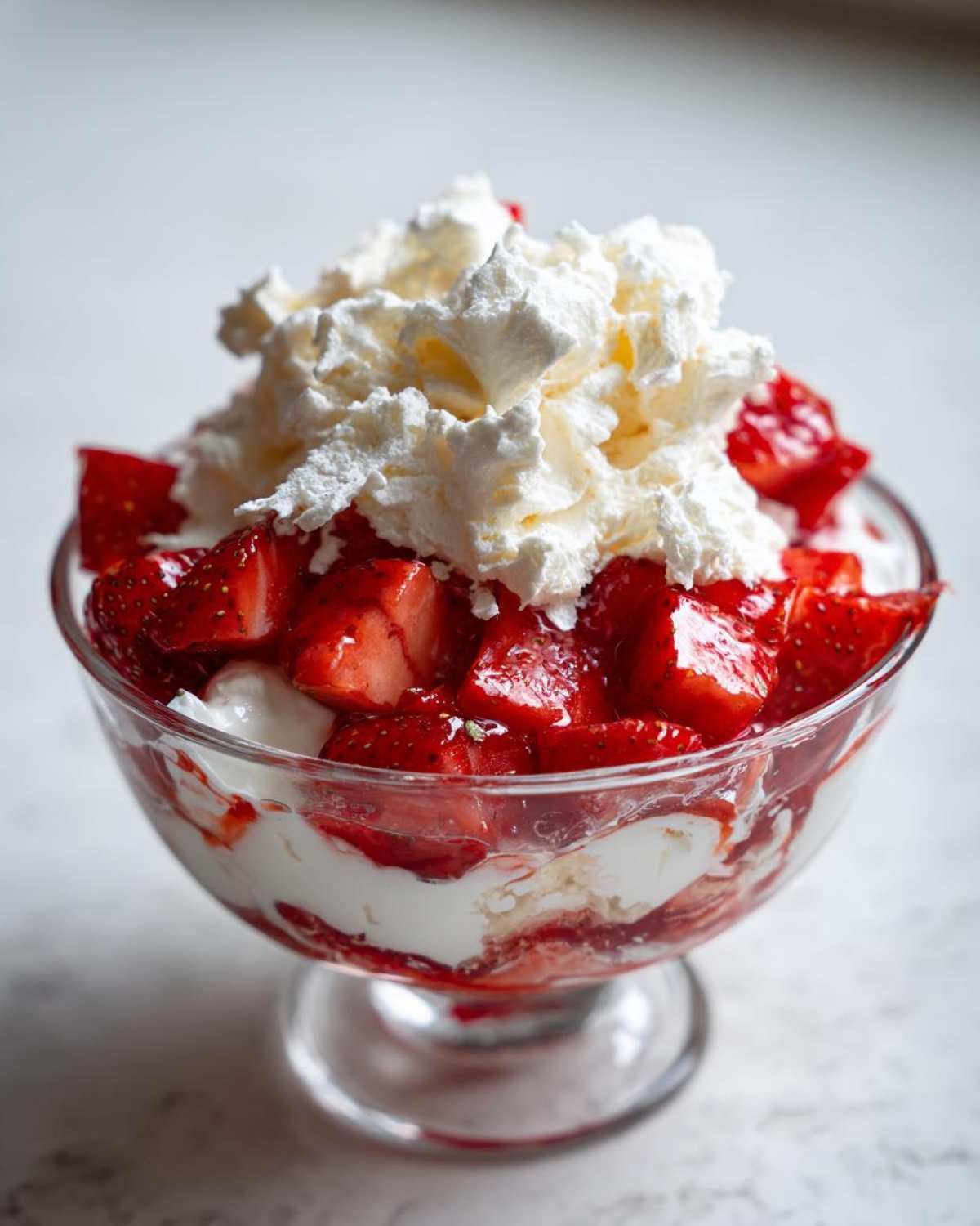 Zbliżenie na deser Eton mess z truskawkami, bitą śmietaną i warstwami bezy w szklanym pucharku.