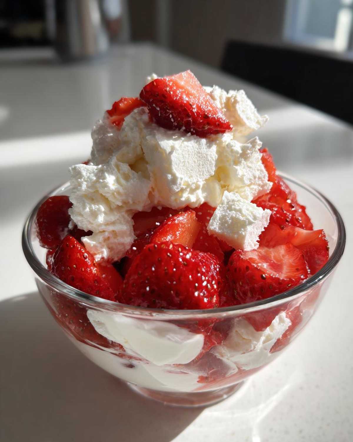 Szklany pucharek wypełniony deserem Eton mess z truskawkami, bitą śmietaną i kawałkami bezy.