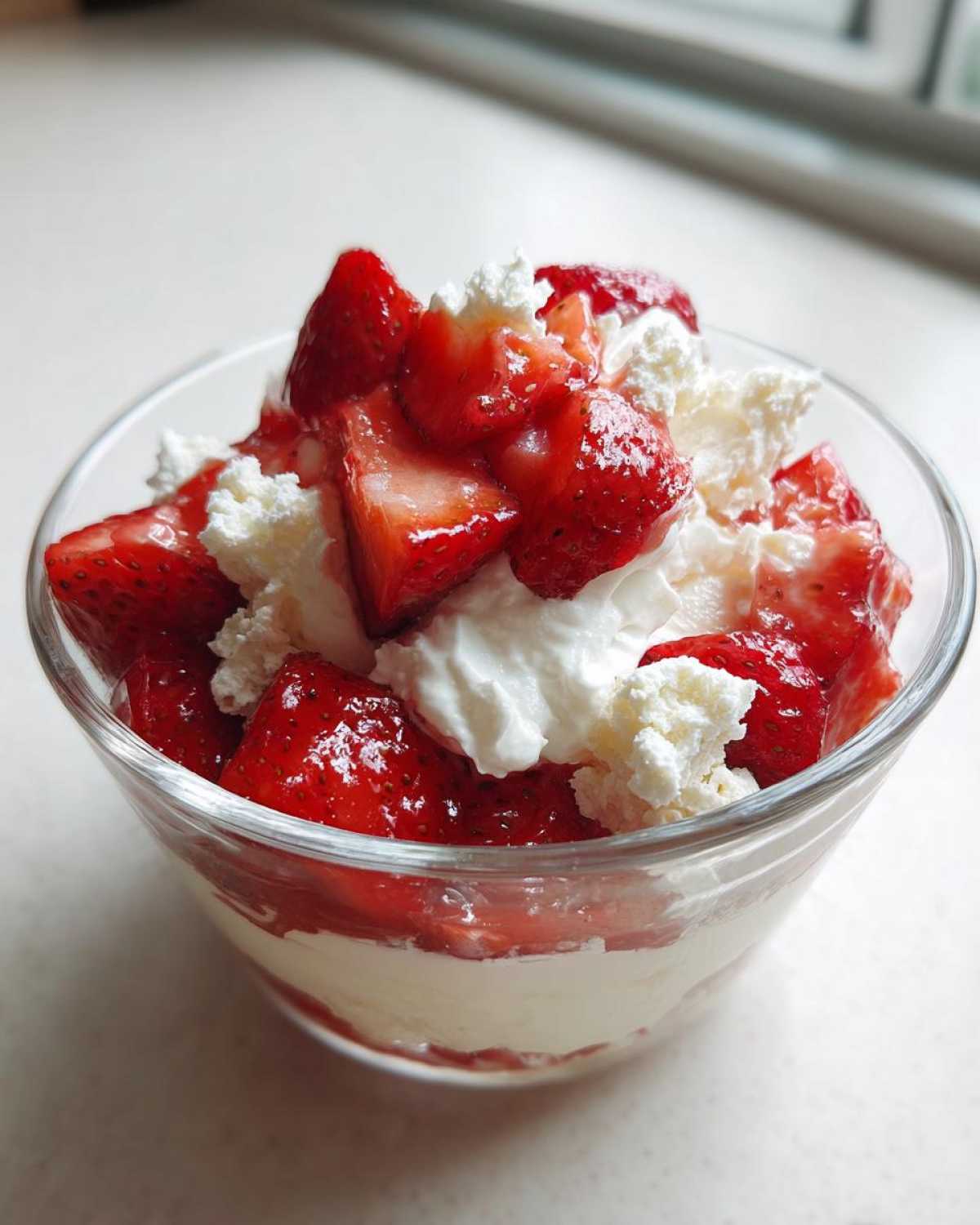 Kremowy Eton mess z truskawkami i bitą śmietaną w szklanym pucharku.