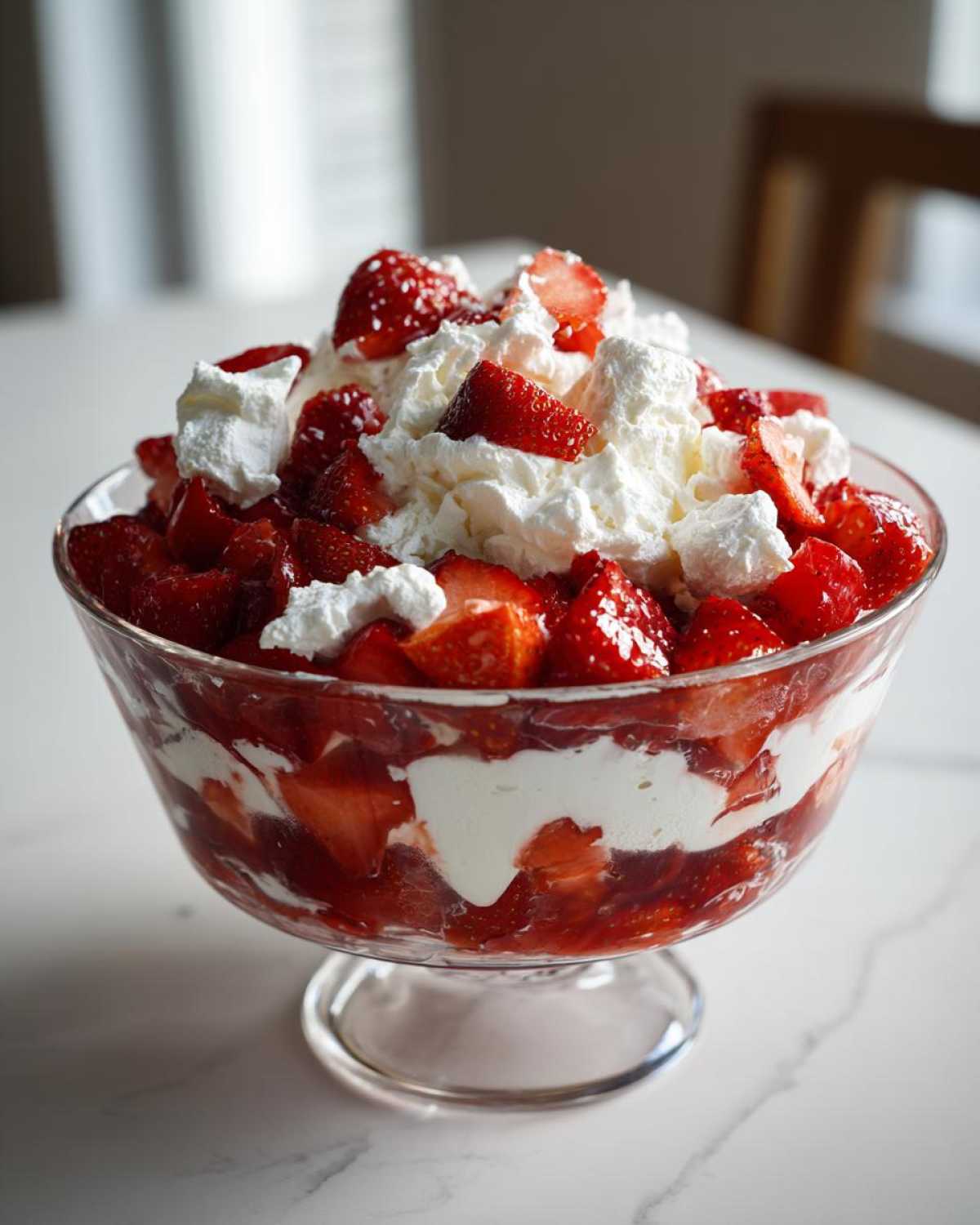 Szklany pucharek wypełniony deserem Eton mess z truskawkami, bitą śmietaną i kawałkami bezy.