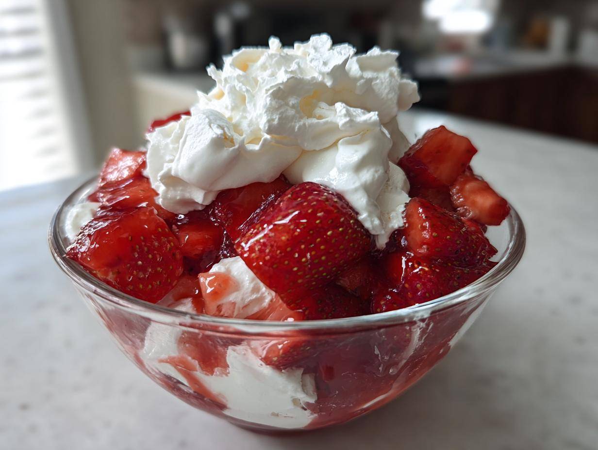 Szklany pucharek wypełniony deserem Eton mess z truskawkami, bitą śmietaną i sosem truskawkowym.