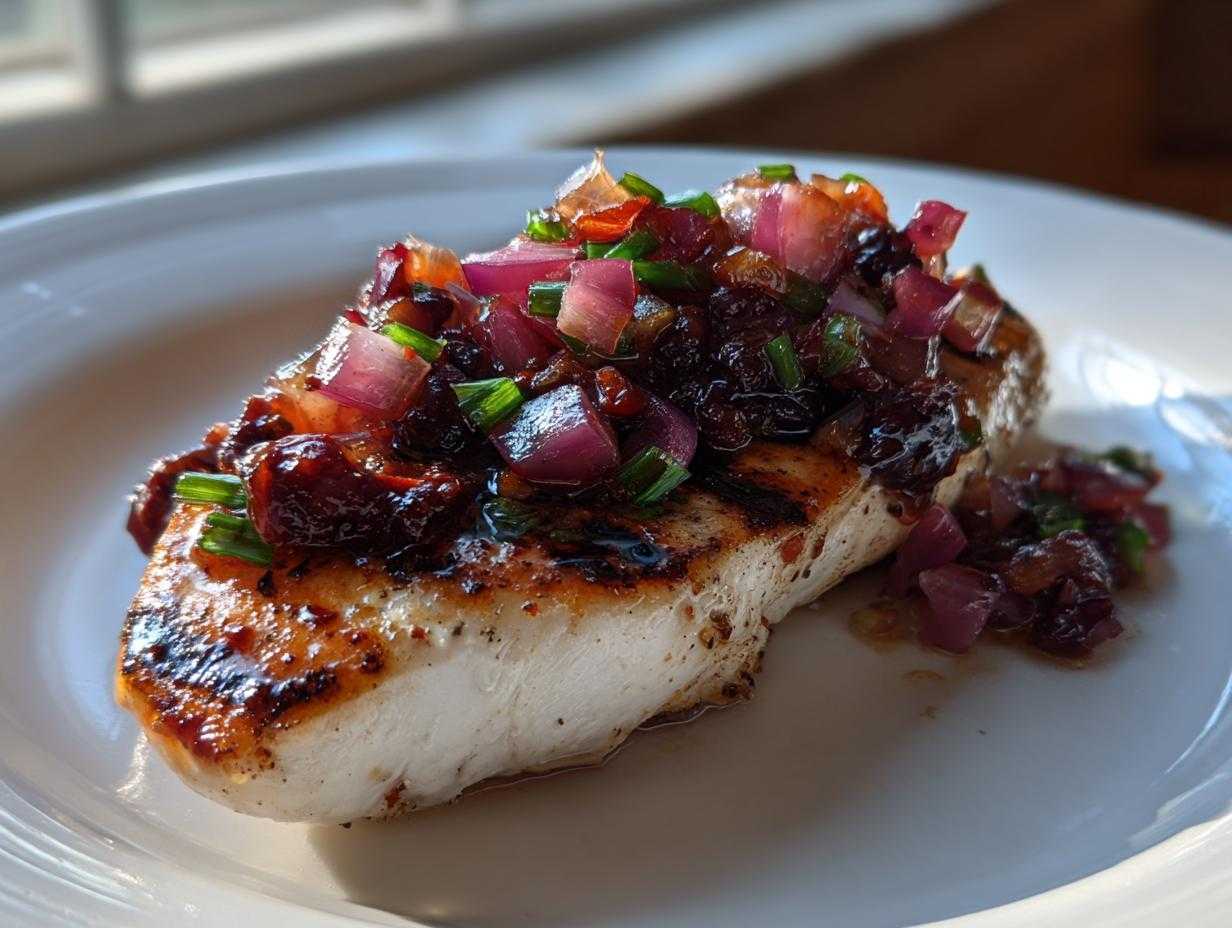 Grillowany filet drobiowy polany gęstą salsą śliwkową z kawałkami czerwonej cebuli.