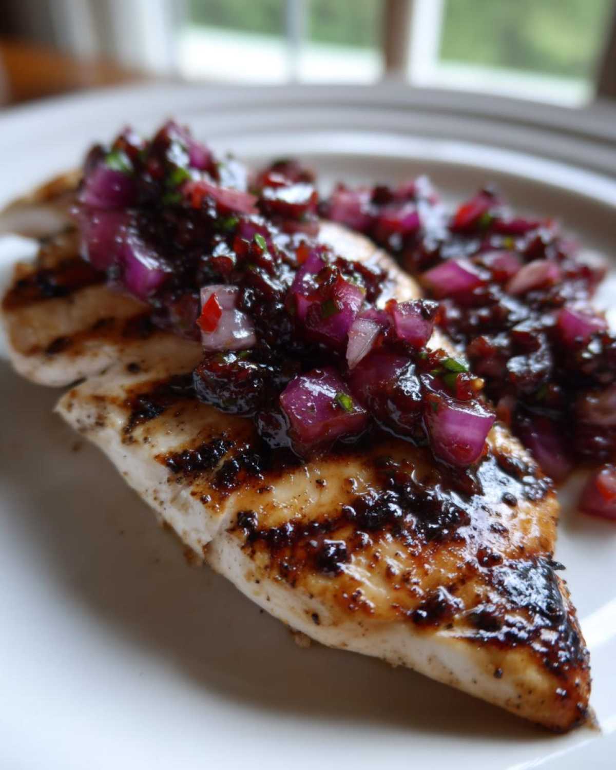 Zbliżenie na grillowane filety drobiowe polane ciemną salsą śliwkową z kawałkami czerwonej cebuli.