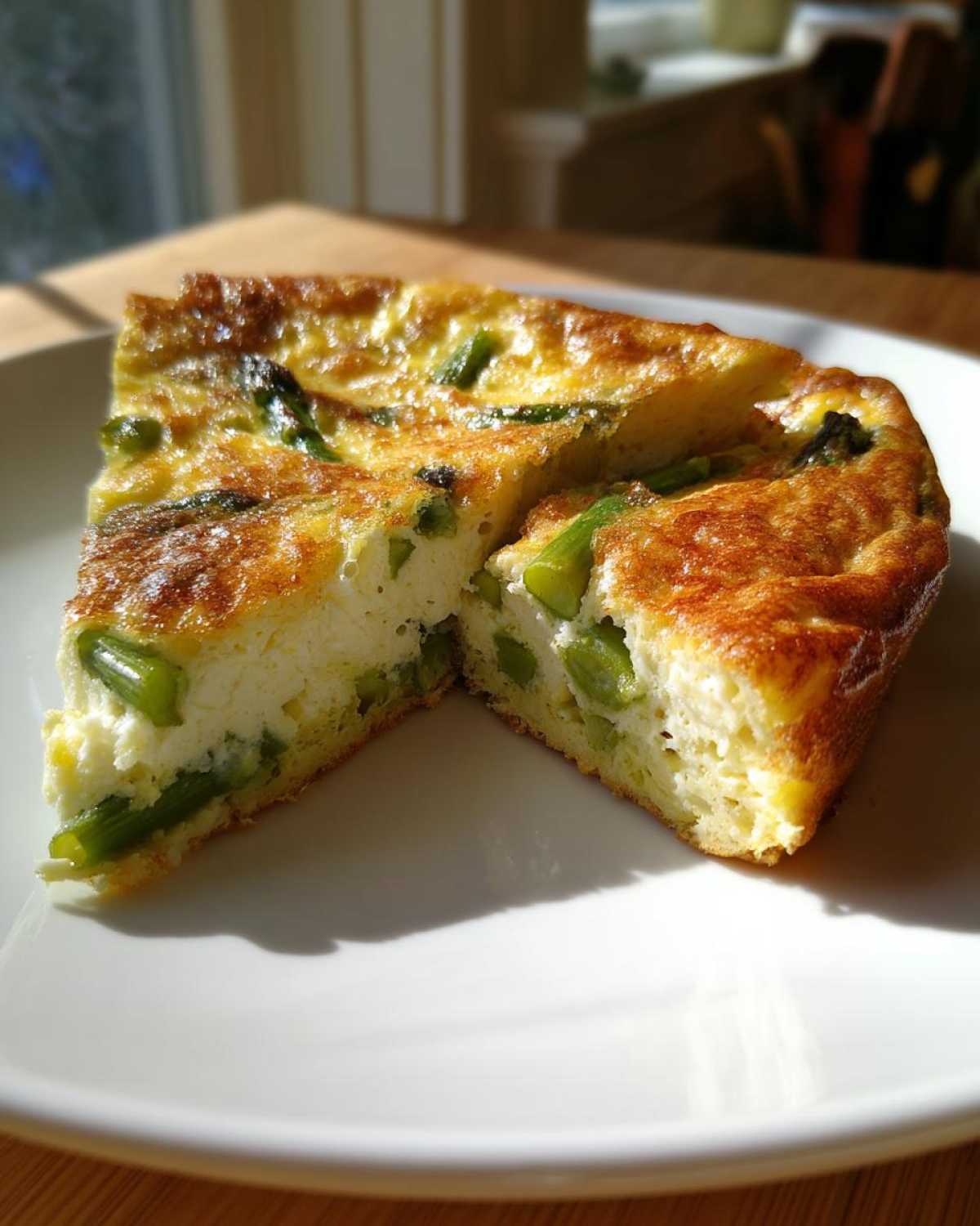 Przekrojona na pół Frittata ze szparagami z chrupiącą, złotą skórką, podana na białym talerzu.