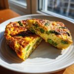 Dwa kawałki puszystej Frittata ze szparagami na białym talerzu, złocista skórka.