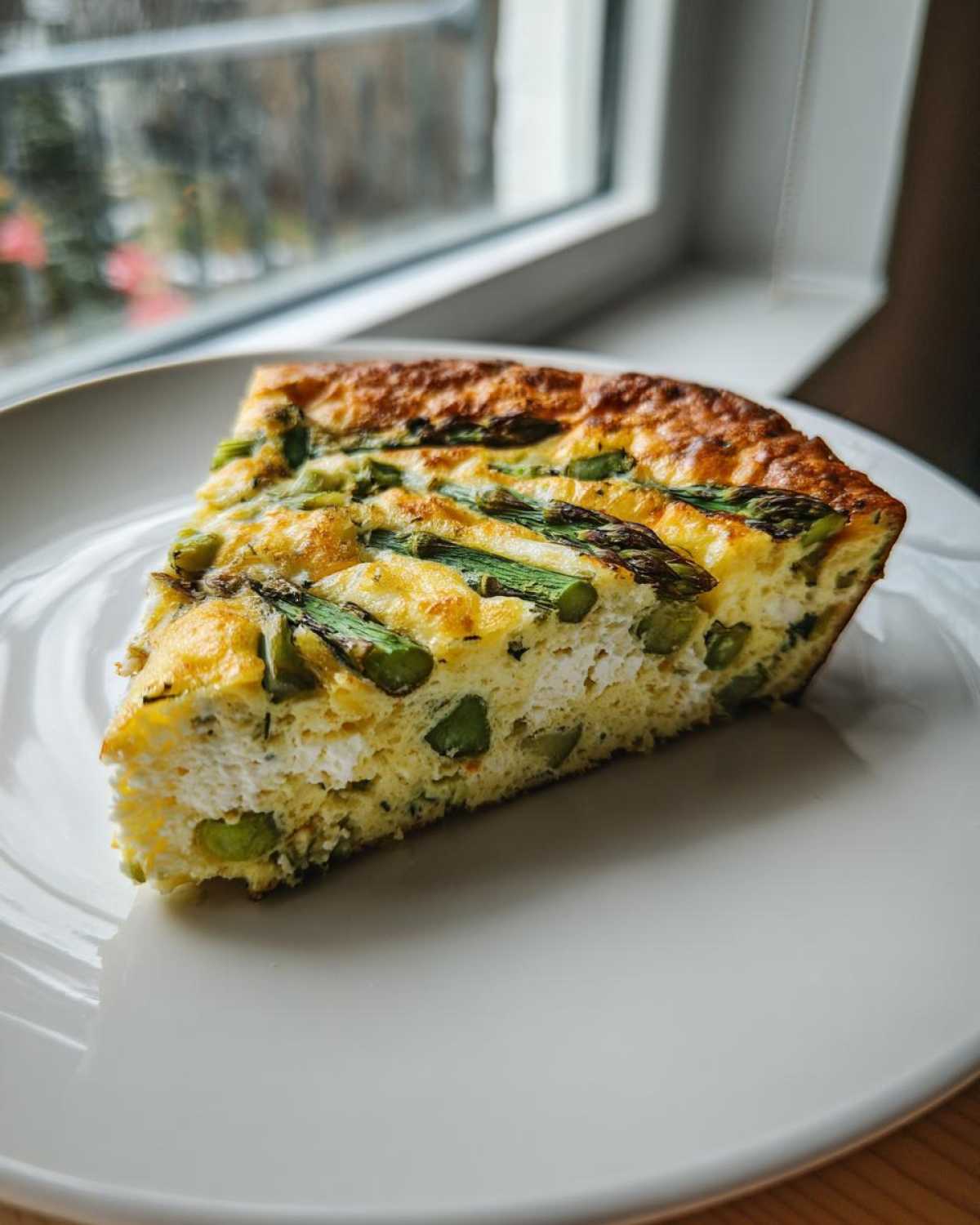 Kawałek puszystej Frittata ze szparagami i serem na białym talerzu, z widokiem na okno w tle.