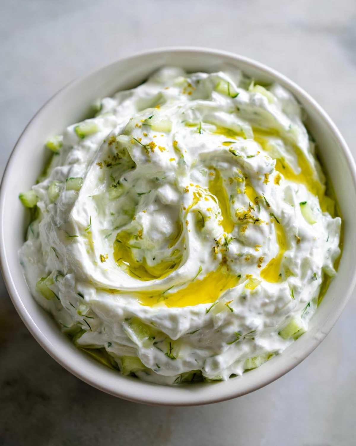 Gęsty sos tzatziki grecki w białej misce, polany oliwą z oliwek i posypany skórką cytryny.