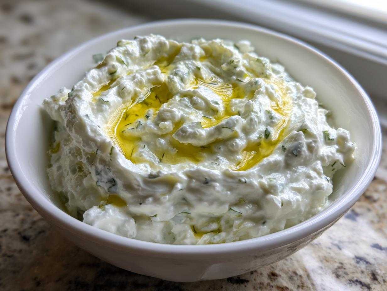 Gęsty sos tzatziki grecki w białej miseczce, polany oliwą z oliwek i udekorowany koperkiem.