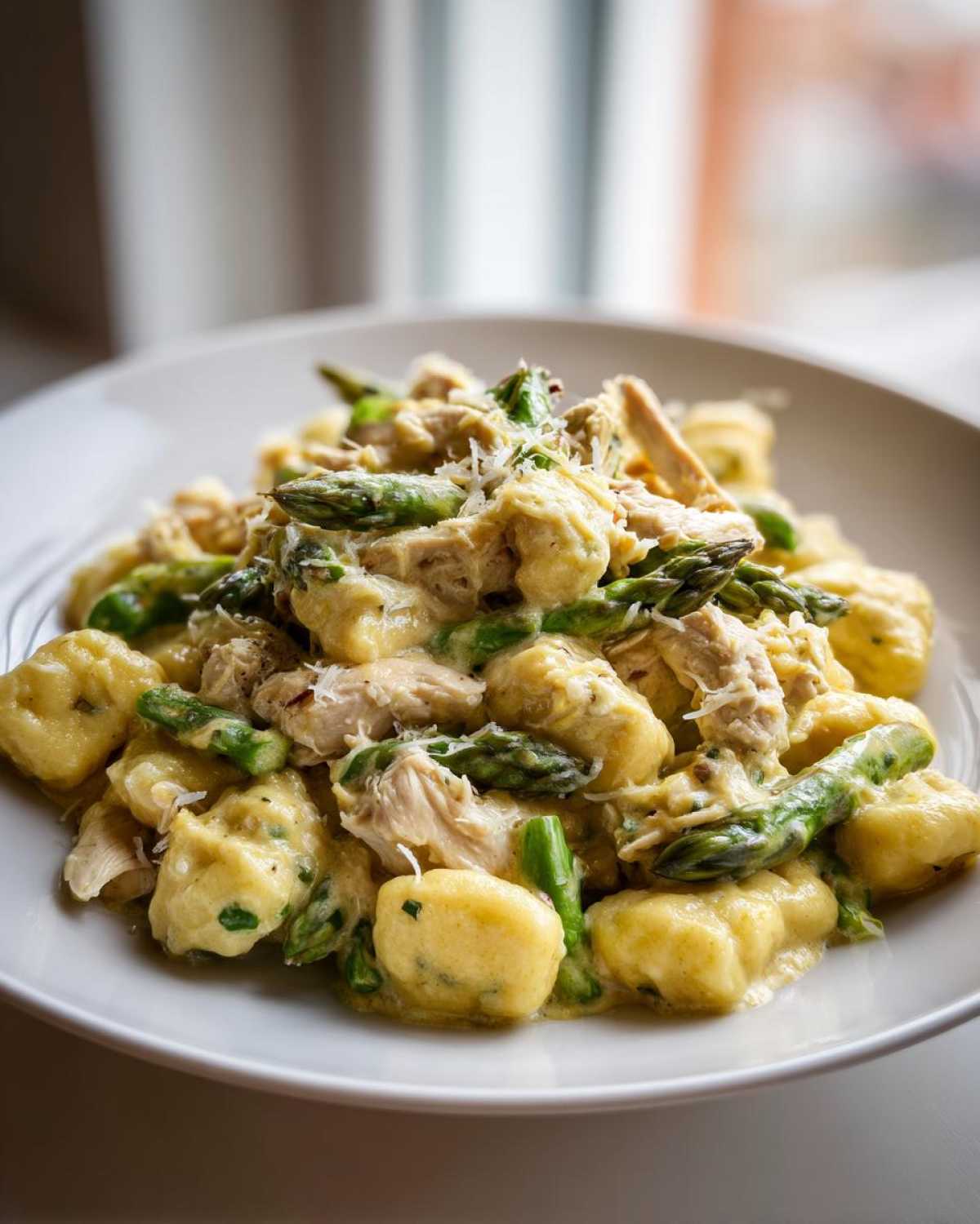 Zbliżenie na porcję Gnocchi z kurczakiem i szparagami w kremowym sosie, posypane parmezanem.