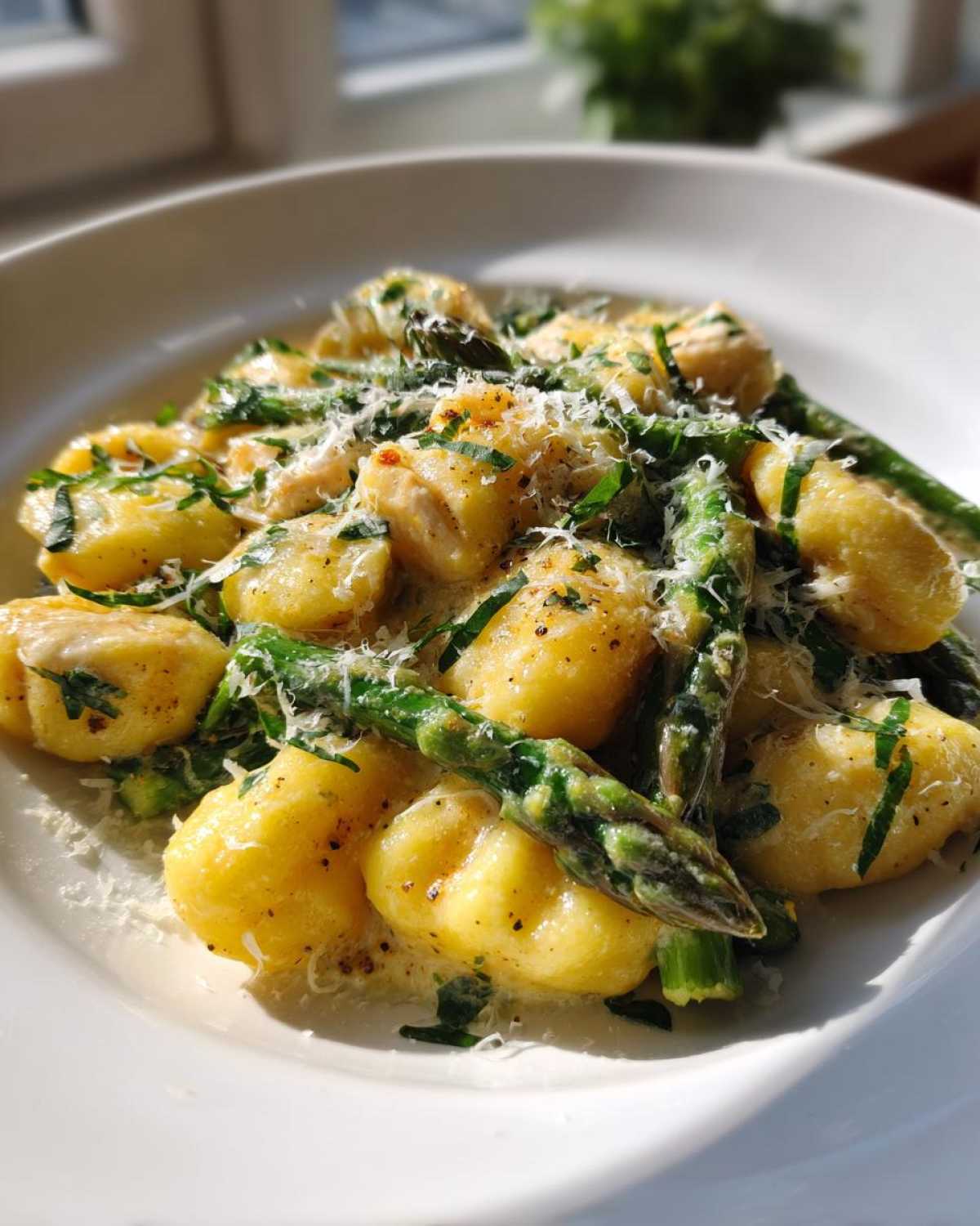 Zbliżenie na talerz pełen Gnocchi z kurczakiem i szparagami, polane sosem i posypane parmezanem.