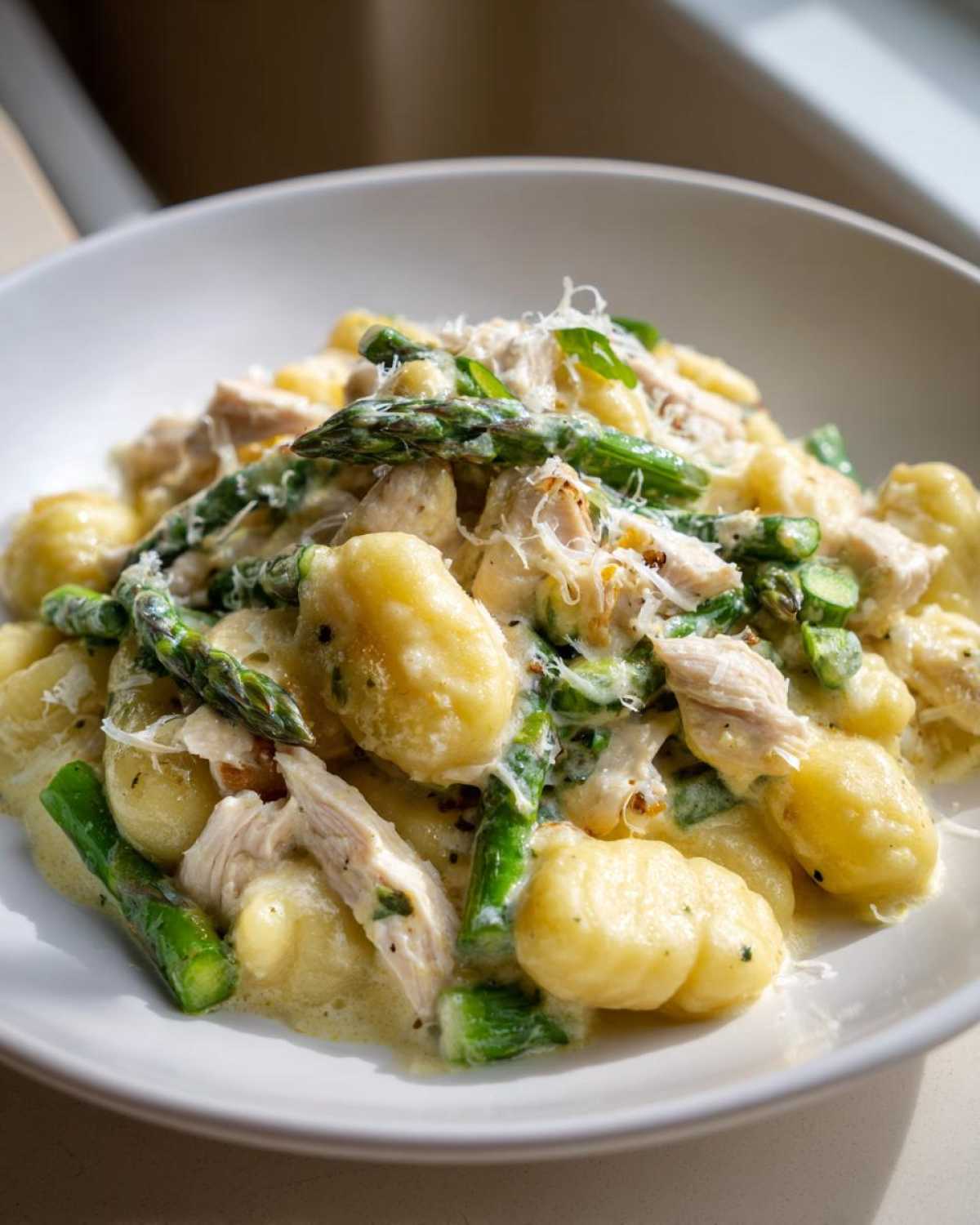 Zbliżenie na talerz pełen Gnocchi z kurczakiem i szparagami w kremowym sosie, posypane parmezanem.