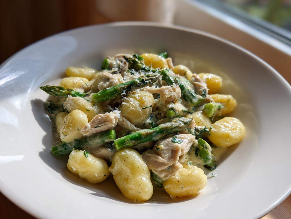 Talerz pełen Gnocchi z kurczakiem i szparagami w kremowym sosie, posypane parmezanem.