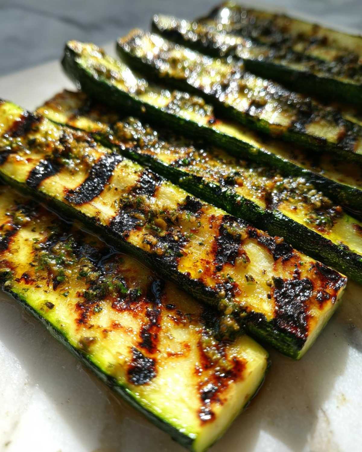 Paski grillowanej cukinii z oliwą i czosnkiem, widoczne ślady po grillu.