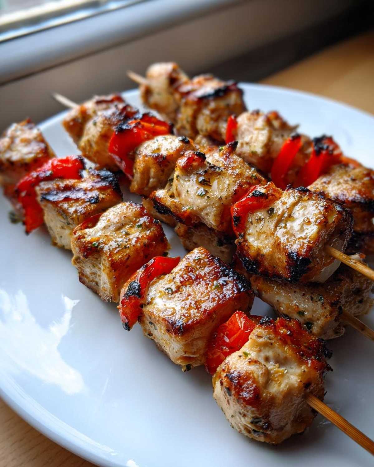 Zbliżenie na grillowane Souvlaki z kurczaka nabite na patyczki z kawałkami czerwonej papryki na białym talerzu.