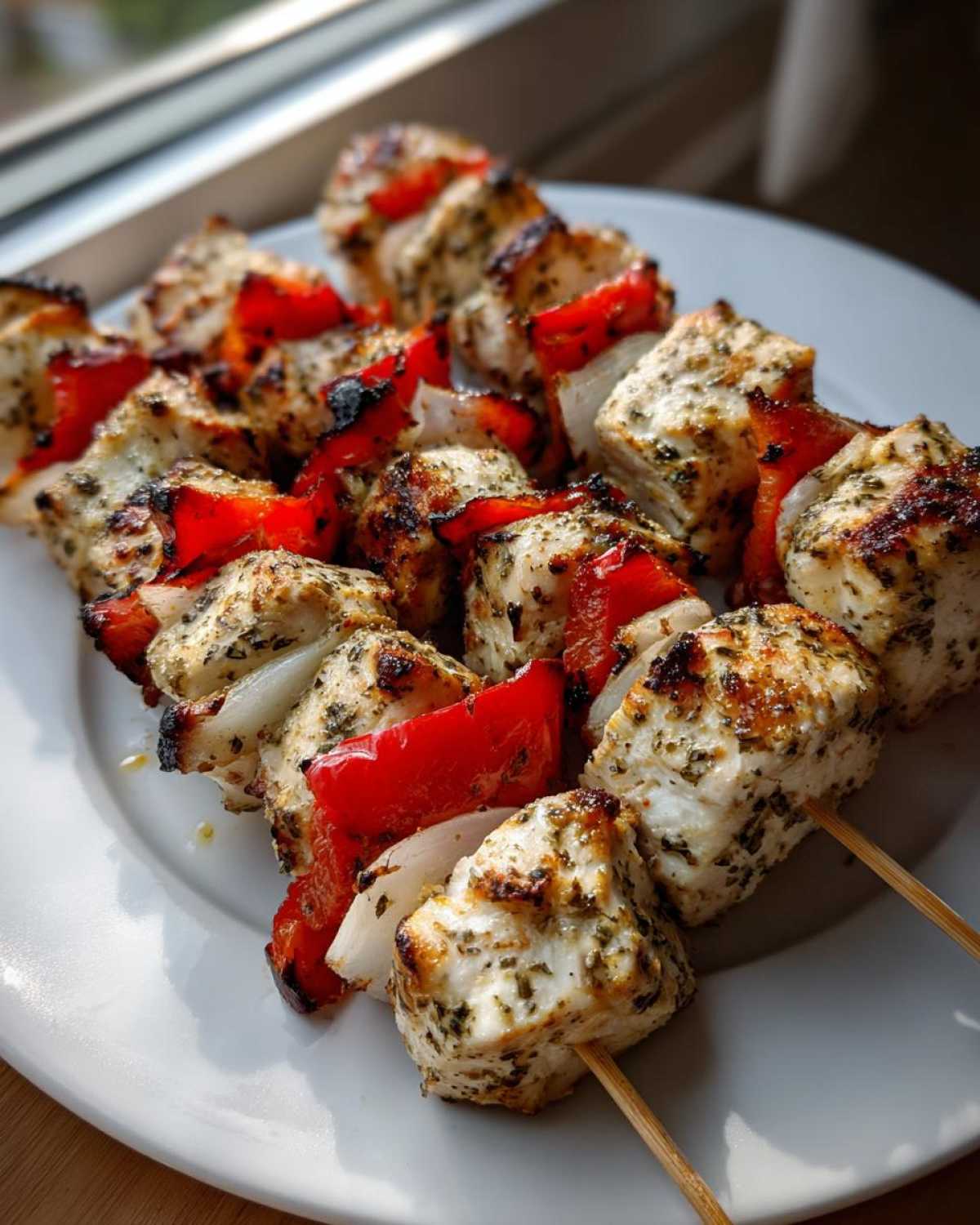 Zbliżenie na grillowane Souvlaki z kurczaka nabite na patyczki z kawałkami czerwonej papryki i cebuli.
