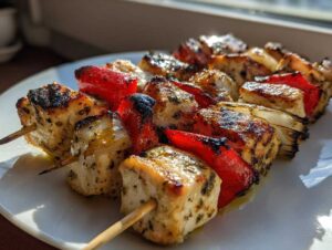 Zbliżenie na grillowane Souvlaki z kurczaka nabite na patyczki z kawałkami czerwonej papryki i cebuli.
