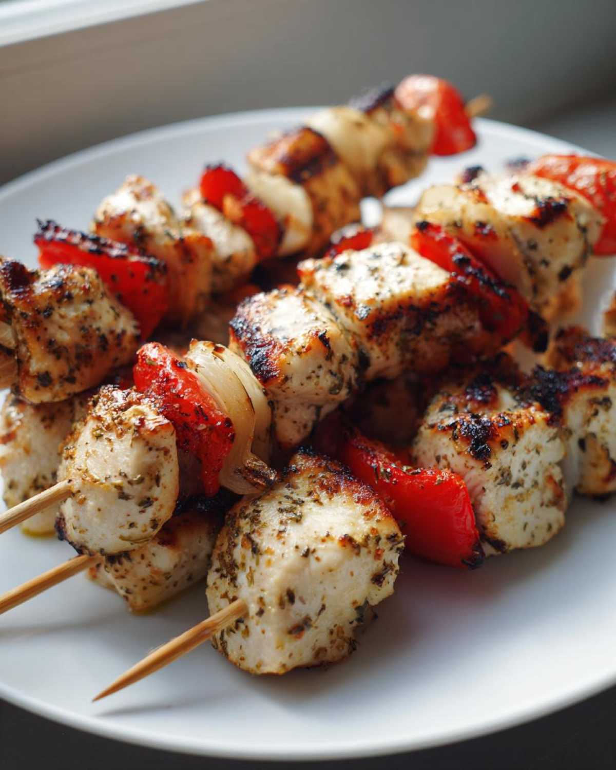 Zbliżenie na grillowane Souvlaki z kurczaka nabite na patyczki z kawałkami papryki i cebuli.