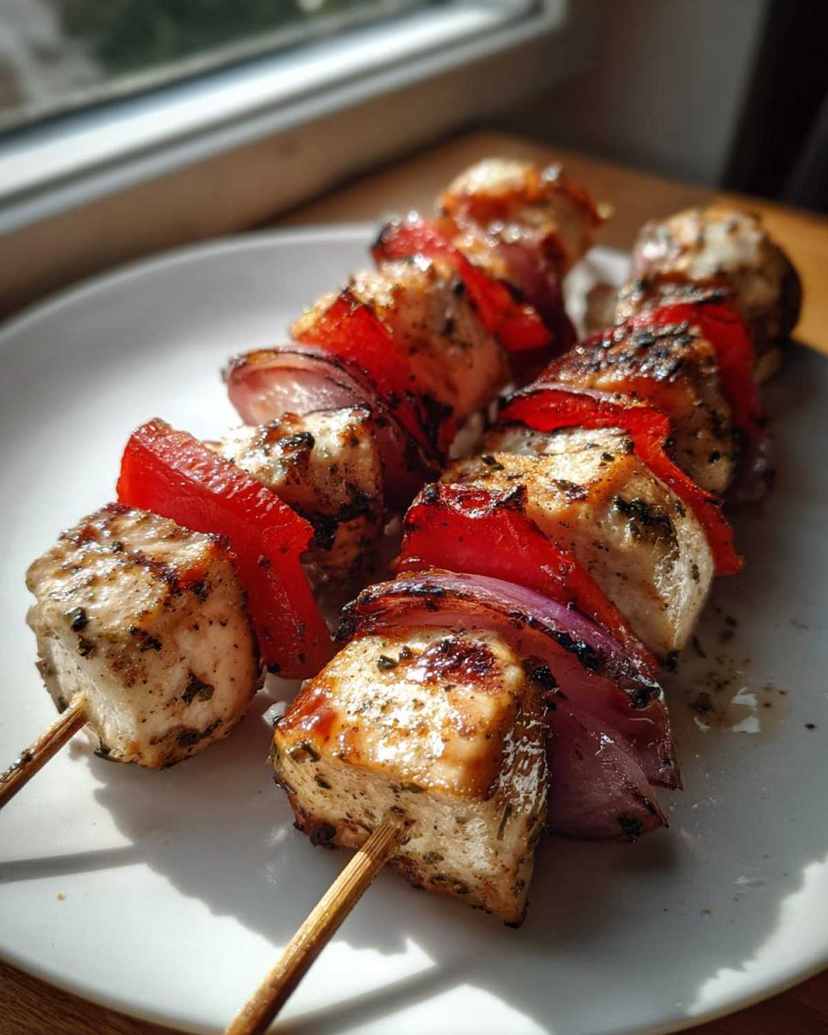 Dwa szaszłyki Souvlaki z kurczaka z grillowaną czerwoną papryką i cebulą na białym talerzu.