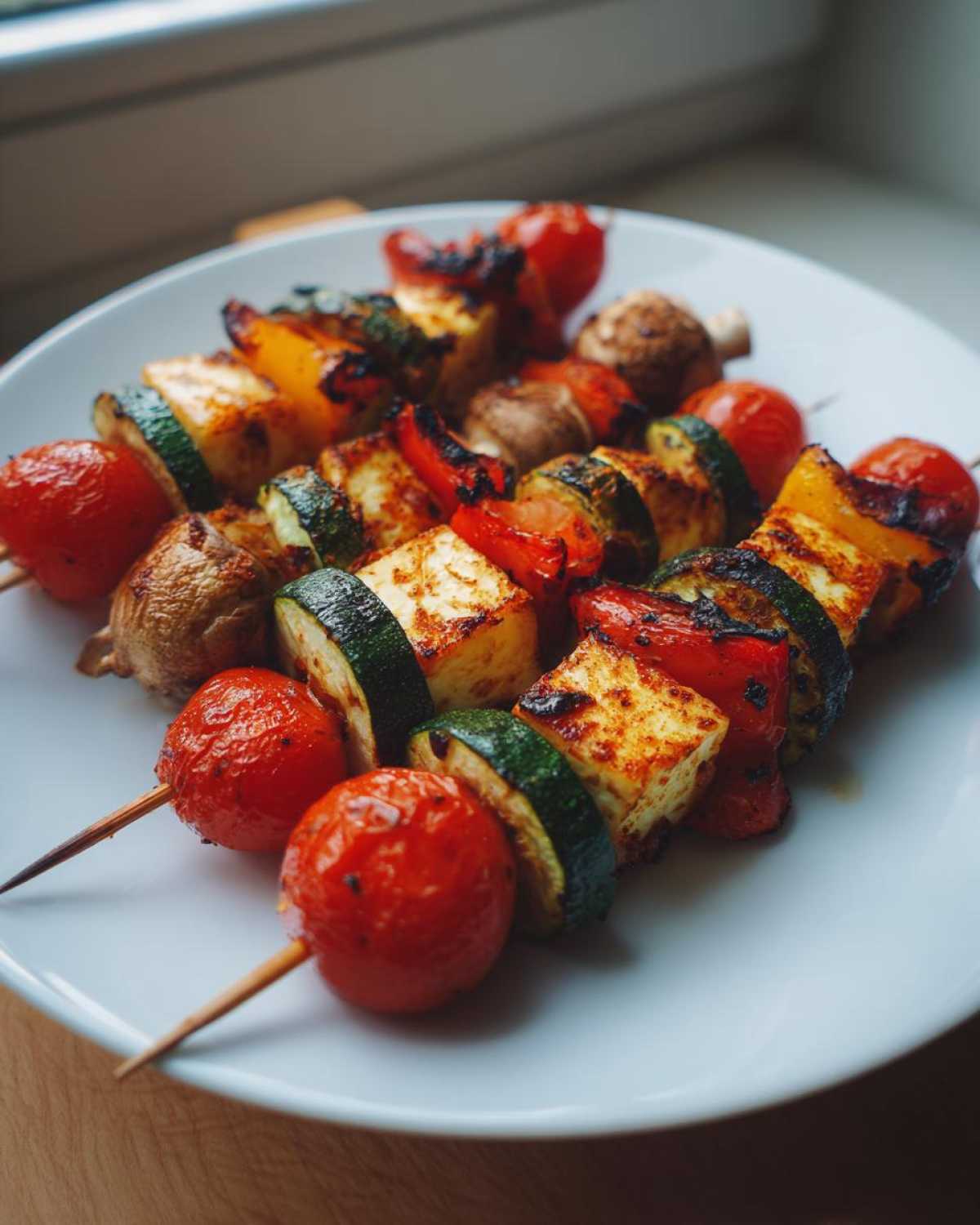 Zbliżenie na grillowane Szaszłyki warzywne z serem halloumi, cukinią, papryką i pomidorkami koktajlowymi na białym talerzu.