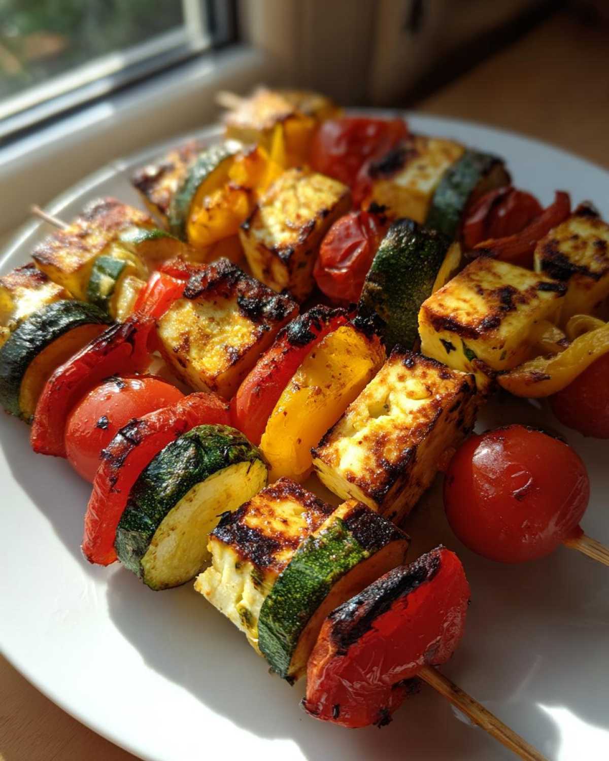 Grillowane szaszłyki warzywne z serem halloumi, cukinią, papryką i pomidorkami koktajlowymi na białym talerzu.