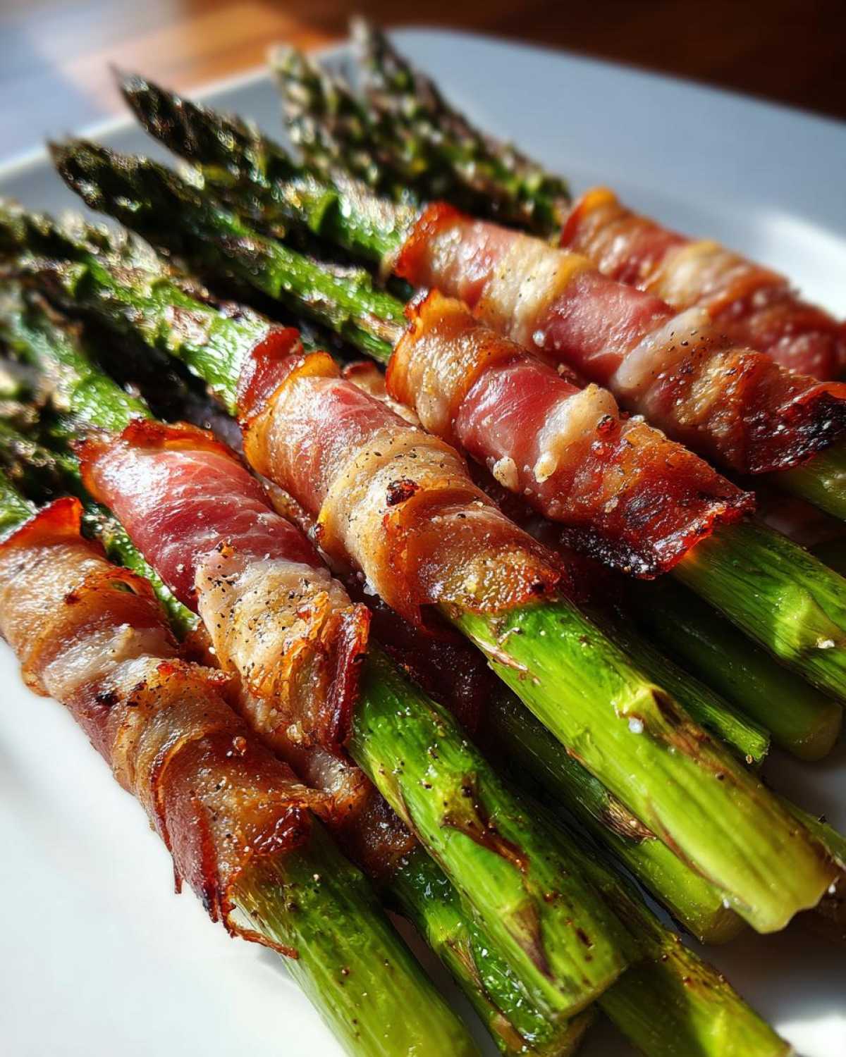 Zbliżenie na chrupiące Grillowane szparagi z szynką parmeńską, polane pieprzem.
