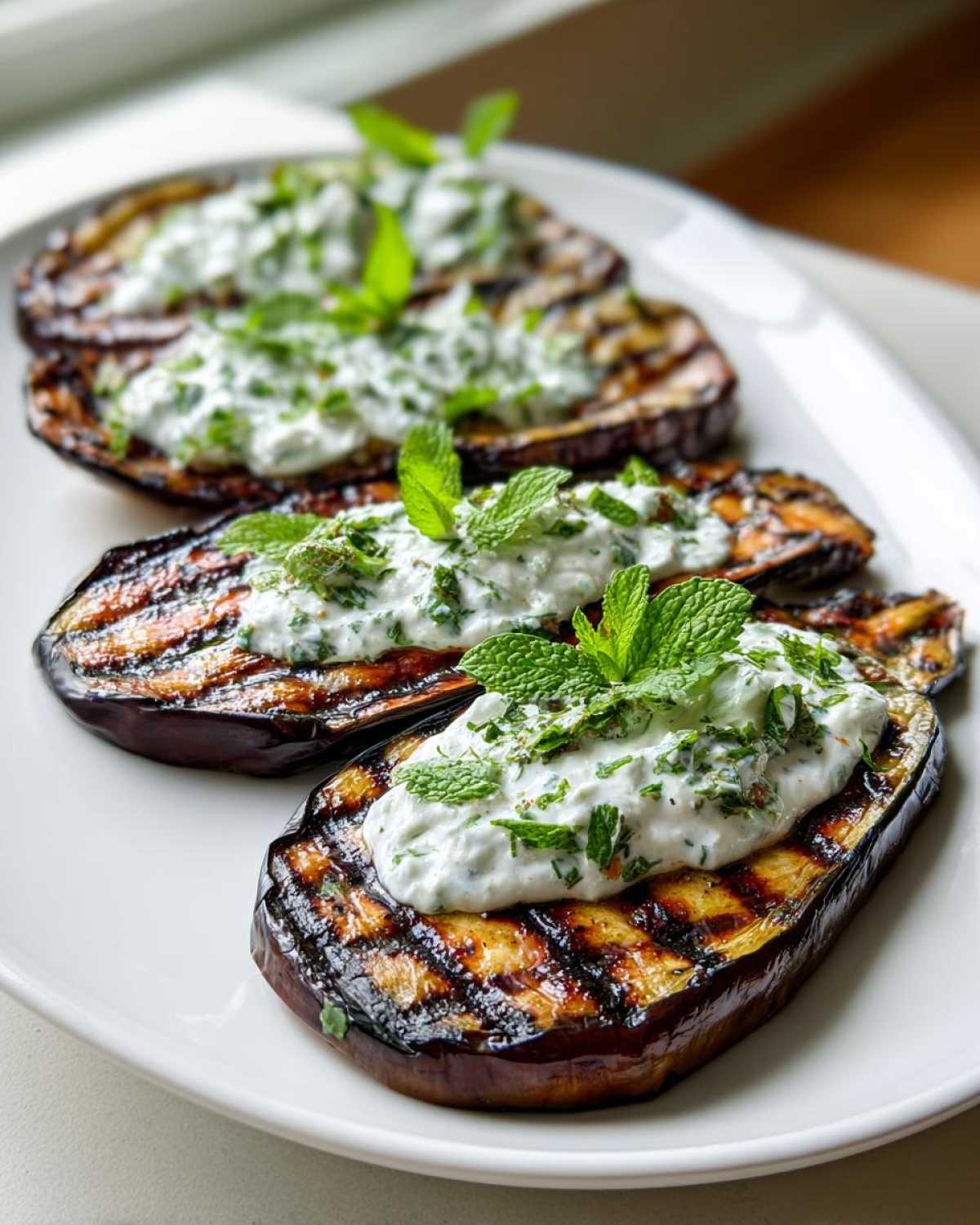 Trzy połówki grillowanego bakłażana polane sosem jogurtowym i udekorowane miętą.