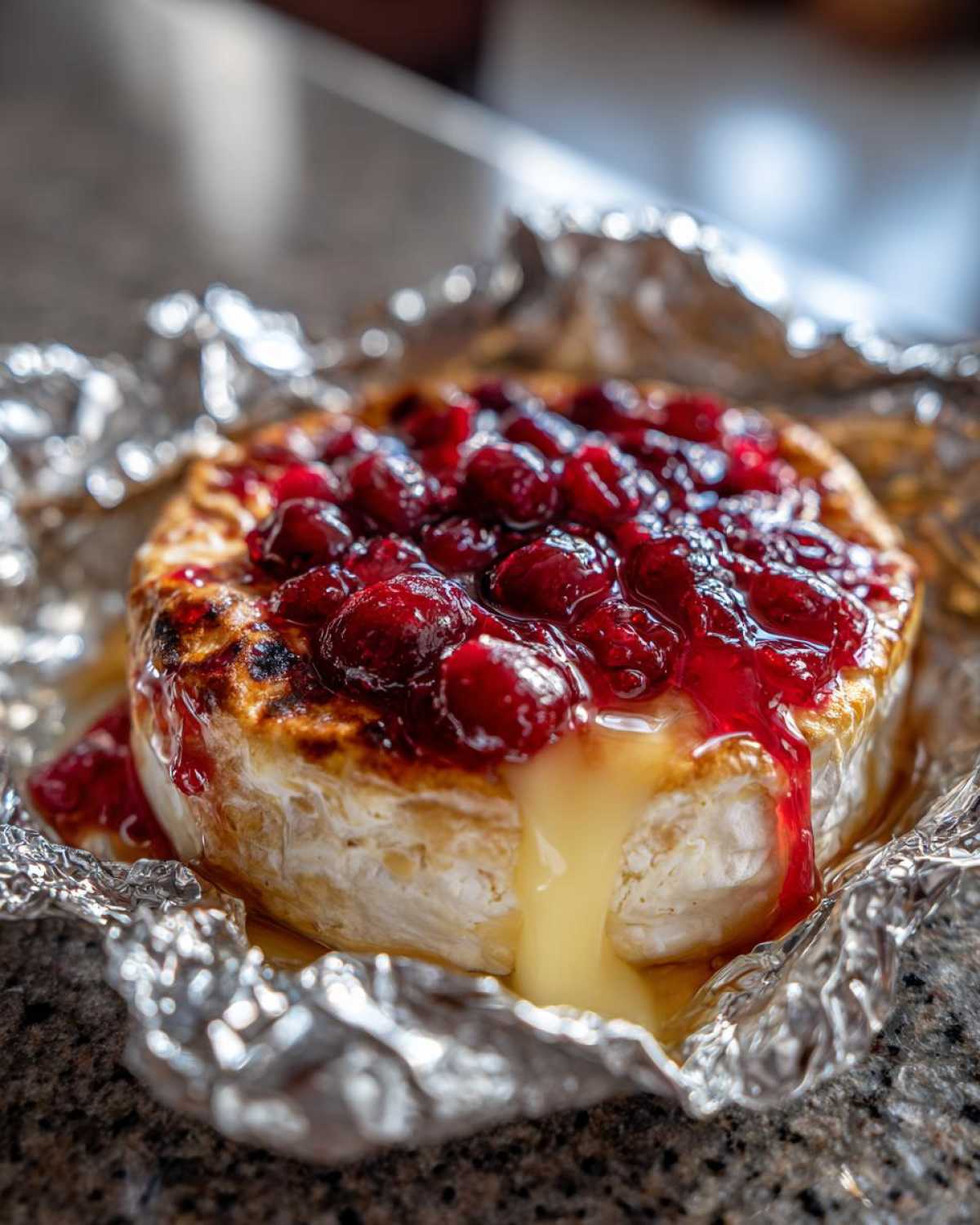 Zbliżenie na płynny Grillowany camembert z żurawiną, z którego wypływa roztopiony ser.