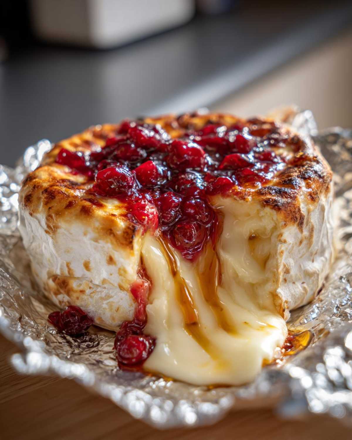 Zbliżenie na roztopiony Grillowany camembert z żurawiną, z którego wypływa ser.