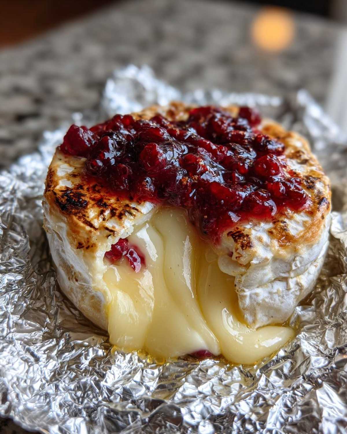 Zbliżenie na płynny Grillowany camembert z żurawiną, z którego wypływa ser, podany na folii aluminiowej.