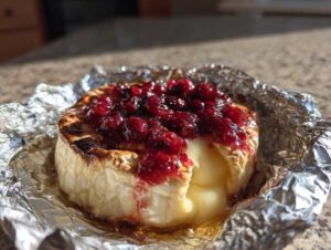 Zbliżenie na płynny Grillowany camembert z żurawiną, wyjęty z grilla i podany w folii aluminiowej.