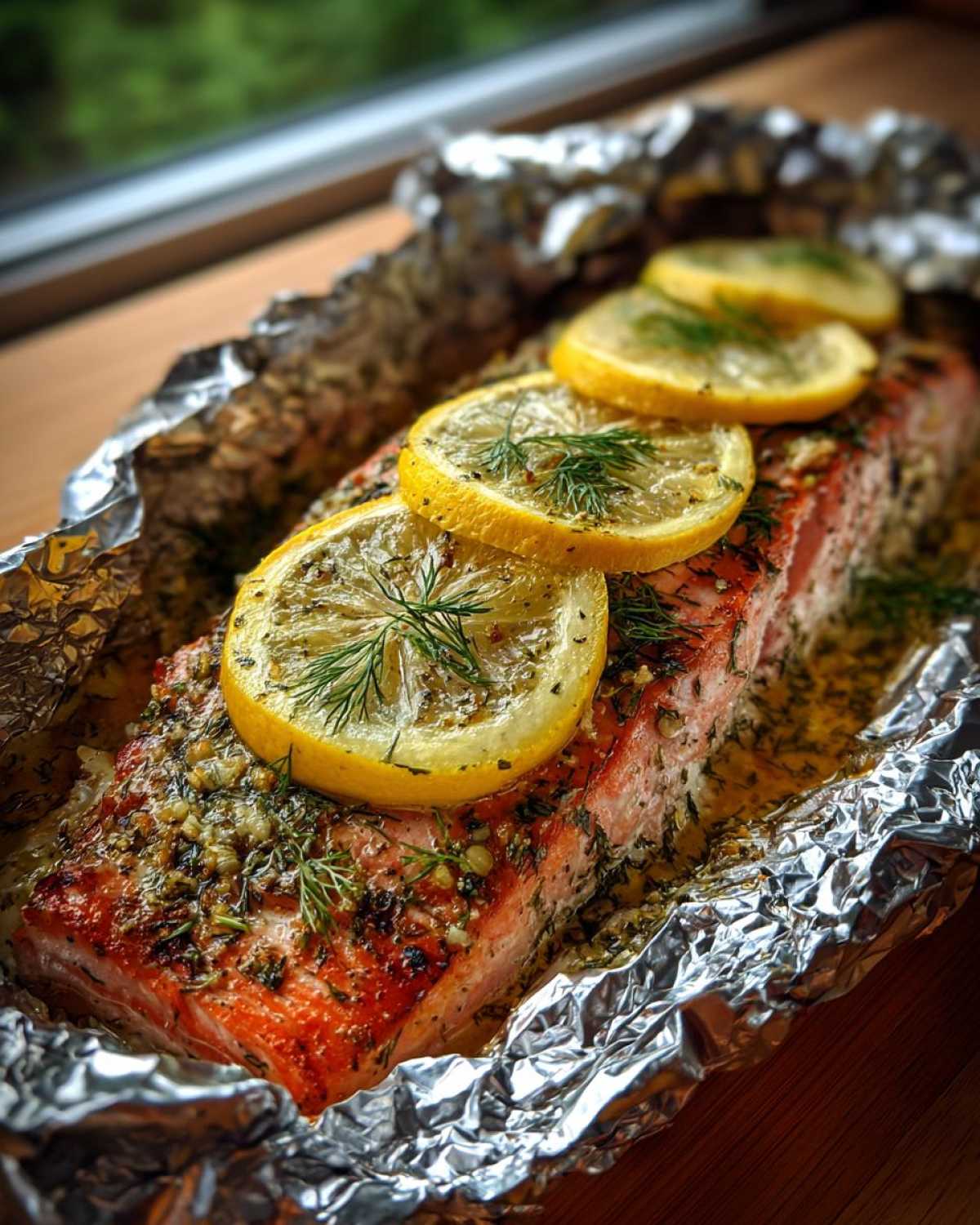 Soczysty grillowany łosoś w folii aluminiowej, udekorowany plastrami cytryny i koperkiem.