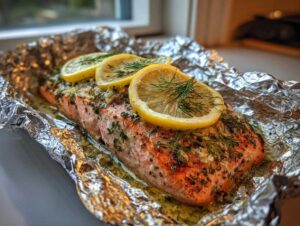 Soczysty grillowany łosoś w folii aluminiowej, udekorowany plasterkami cytryny i koperkiem.