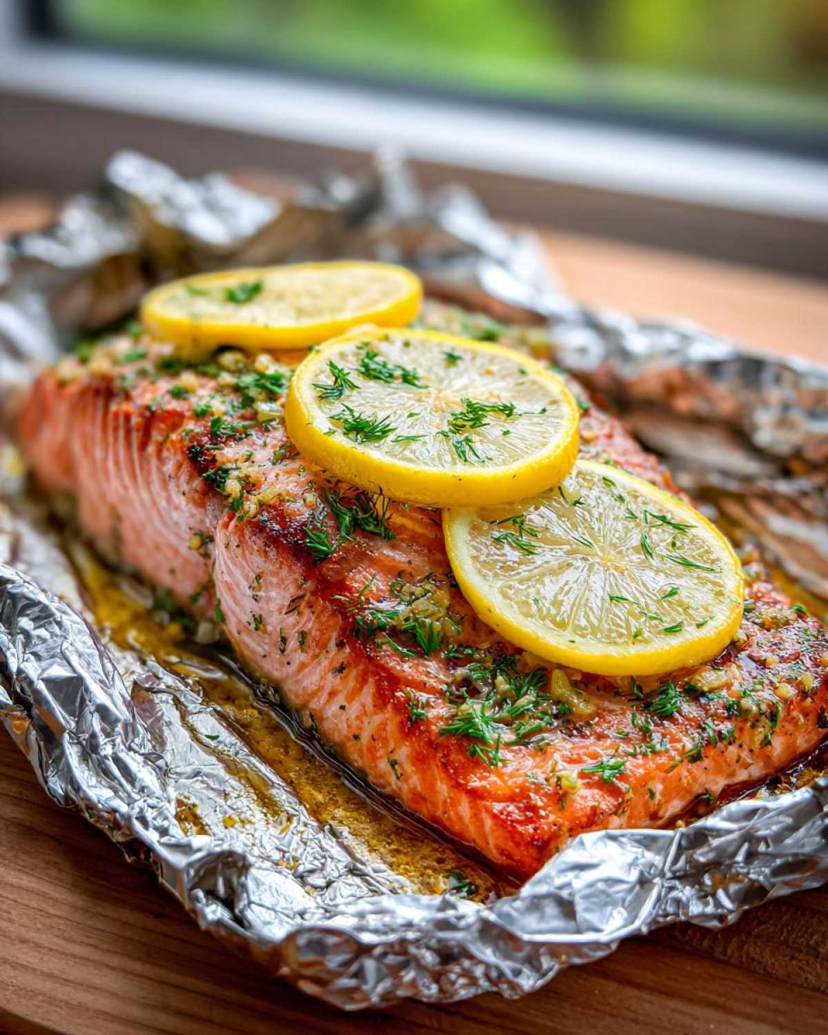 Zbliżenie na soczystego grillowany łosoś w folii aluminiowej, udekorowany plastrami cytryny i koperkiem.