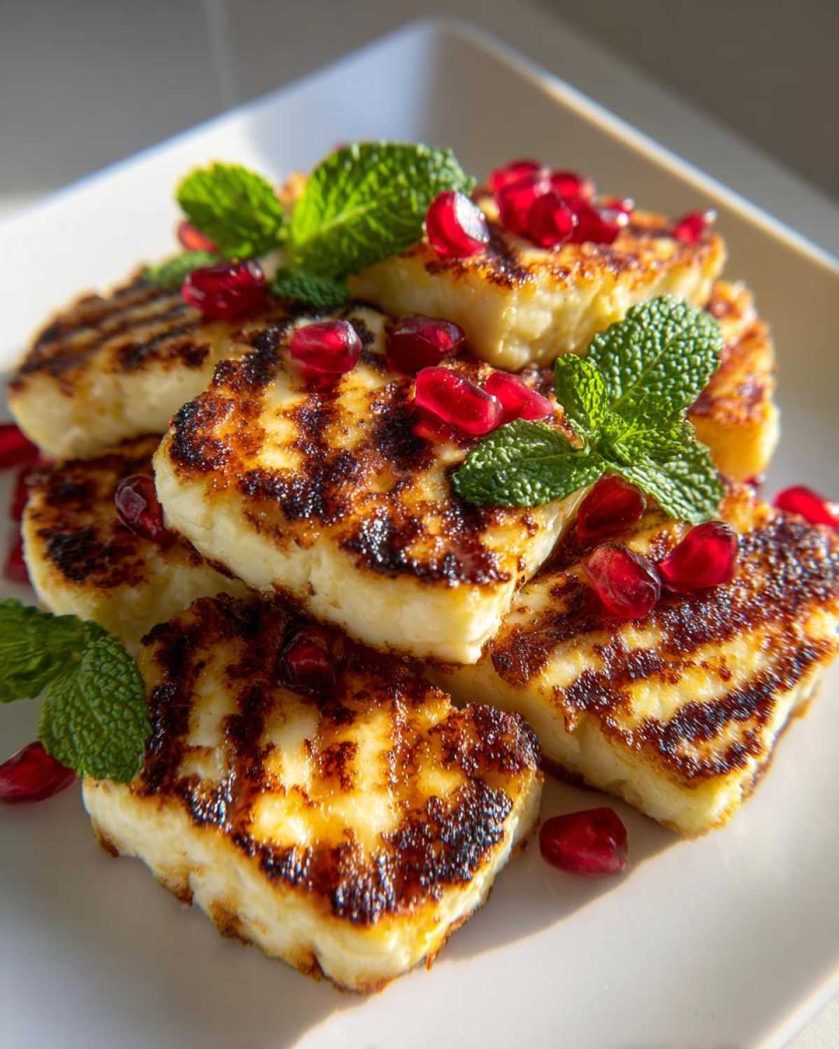 Zbliżenie na stos kawałków grillowany ser halloumi udekorowanych pestkami granatu i listkami mięty.