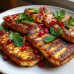 Kawałki grillowany ser halloumi z rumianą skórką, udekorowane pestkami granatu i listkami mięty.