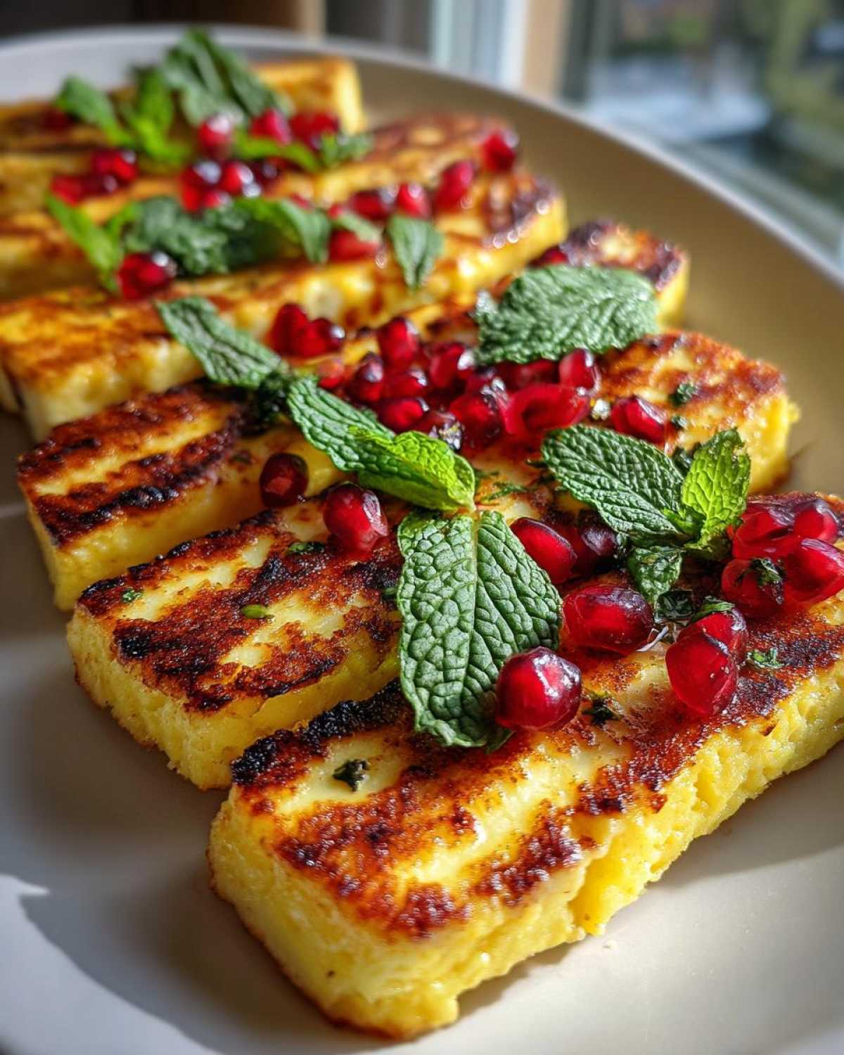 Plasterki grillowany ser halloumi udekorowane pestkami granatu i listkami mięty.