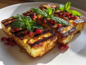 Trzy kawałki grillowany ser halloumi z wyraźnymi śladami po grillu, udekorowane listkami mięty i pestkami granatu.