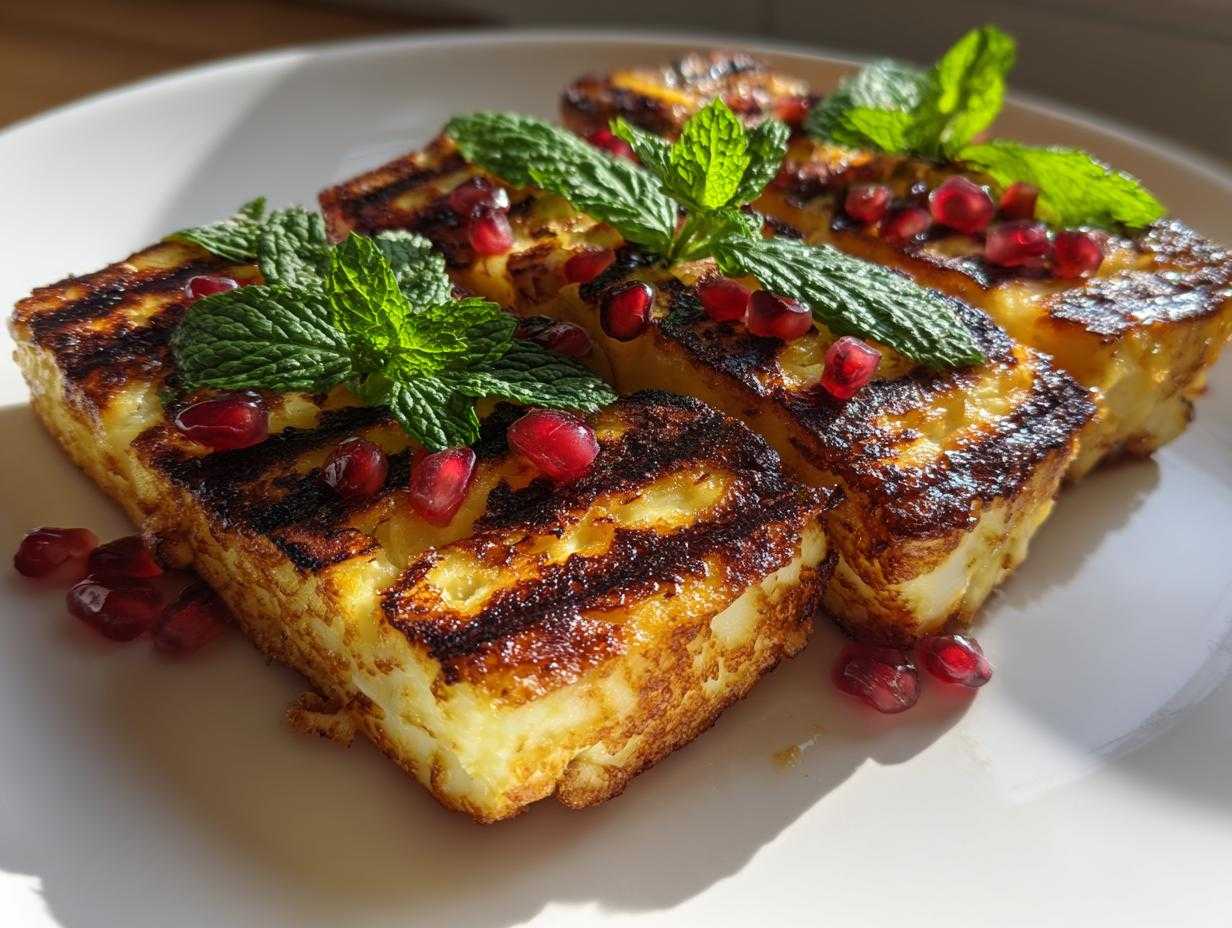 Trzy kawałki grillowany ser halloumi z wyraźnymi śladami po grillu, udekorowane listkami mięty i pestkami granatu.