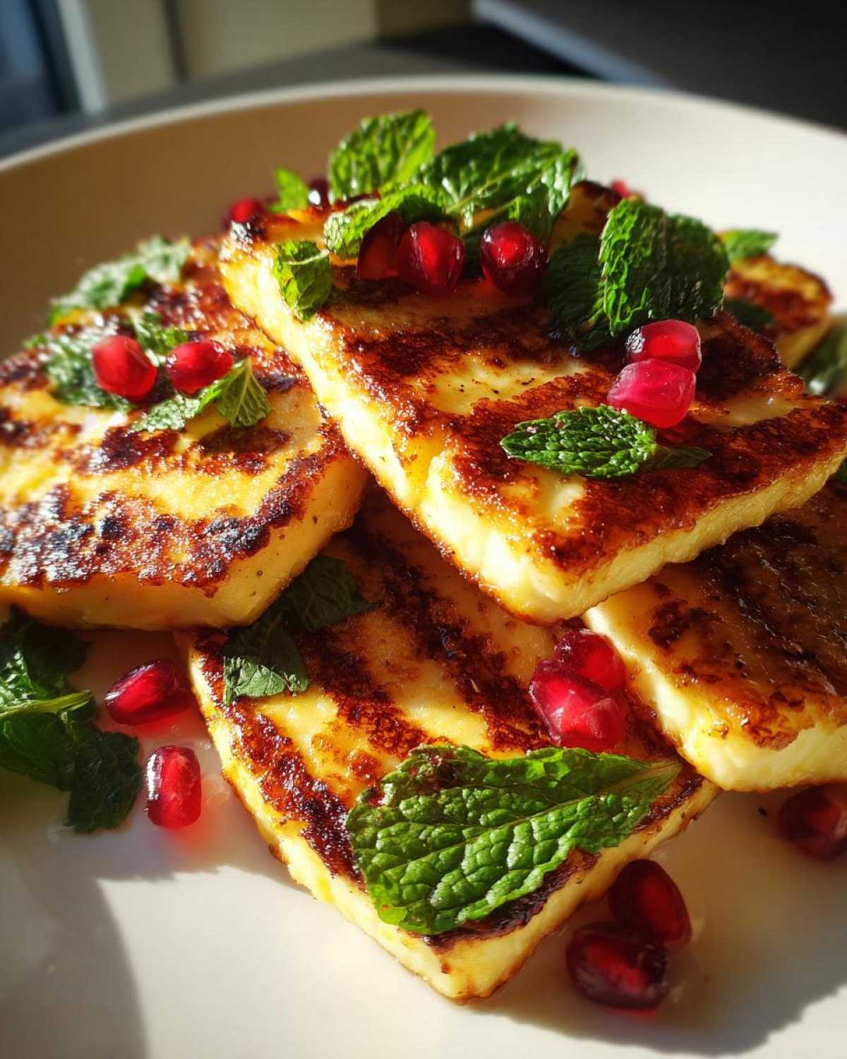 Kawałki grillowany ser halloumi z chrupiącymi brzegami, udekorowane listkami mięty i pestkami granatu.