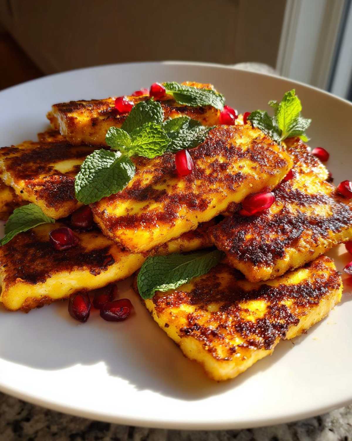 Złocisty, grillowany ser halloumi ułożony na białym talerzu, udekorowany listkami mięty i pestkami granatu.